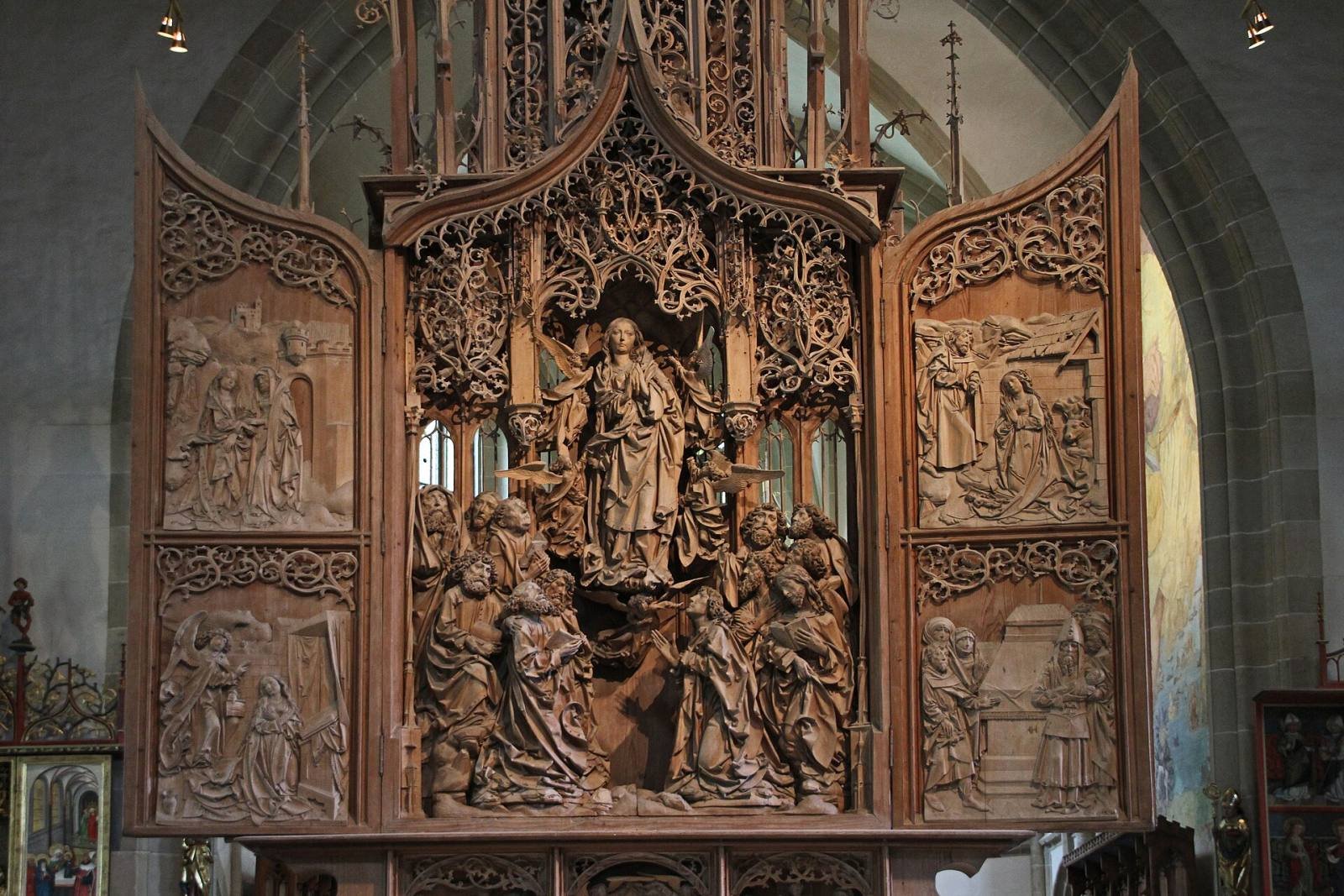 The carved limewood Altar of the Virgin by Tilman Riemenschneider in the Herrgottskirche at Creglingen